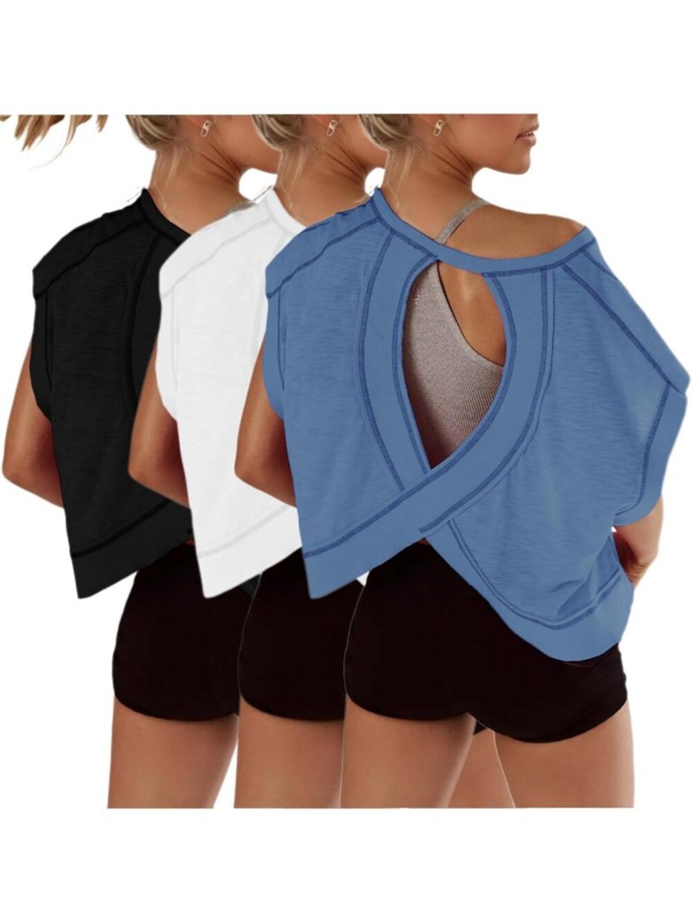 3-Pack Women's Open Back Crop Tops - Casual Short Sleeve Workout Shirts for Gym